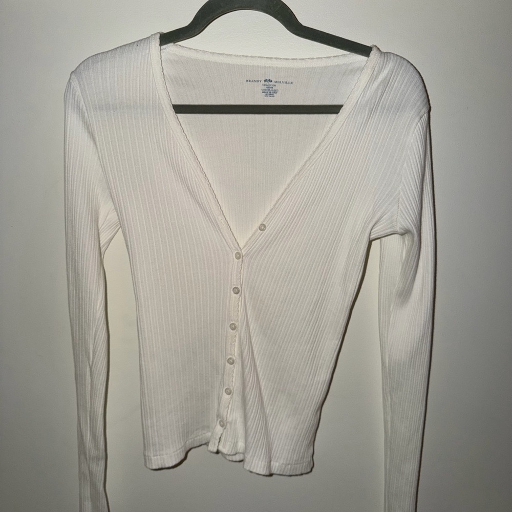 Brandy Melville White/Cream Ribbed Button-Down Shirt